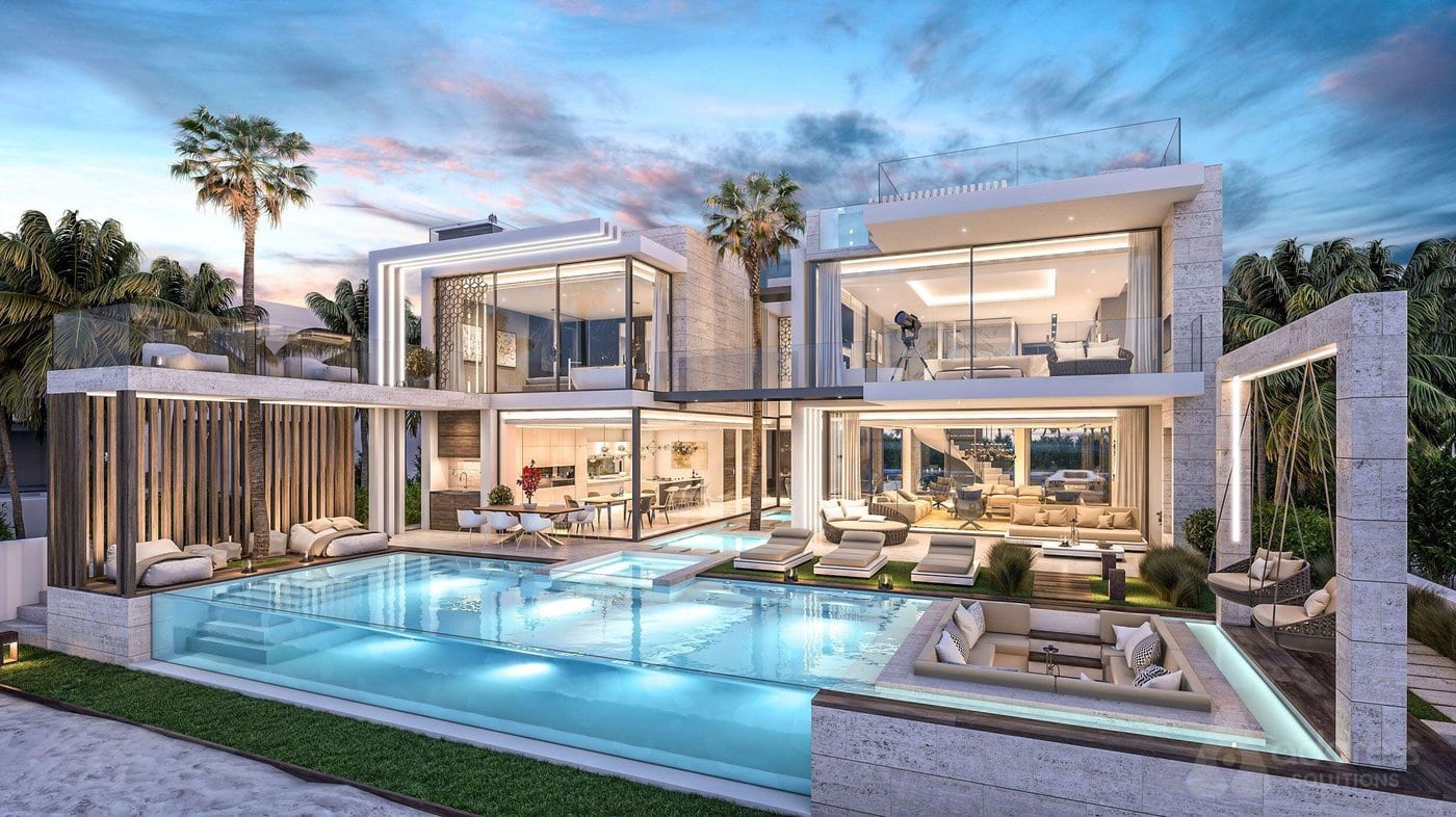 Modern luxury villa with private pool at dusk